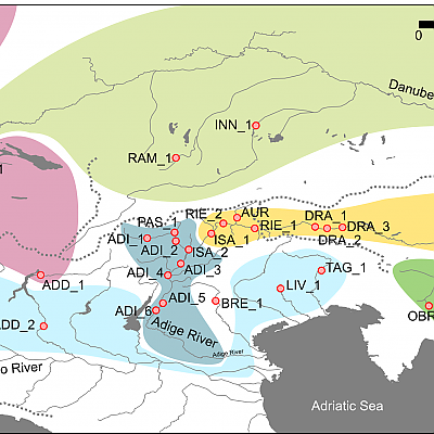Genetische Linien (Unterarten) der Äsche in Mittel/Südeuropa. Die blau eingefärbten Zonen sind die Areale der Adria-Äsche.